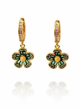 Kate Spade Crystal Rhinestone Fleurette Huggie Hoop Drop Earrings in Green